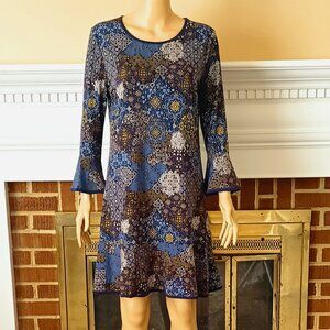 Michael Kors Medallion-Print Dress M Navy 3/4 Bell Sleeves Flutter Hem Stretch